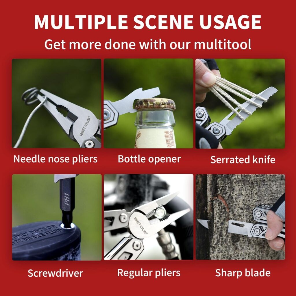 Compact stainless steel multitool with foldable pliers knife and screwdriver tools